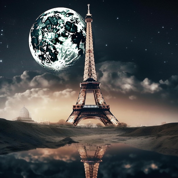 Eiffel tower with a moon in the background