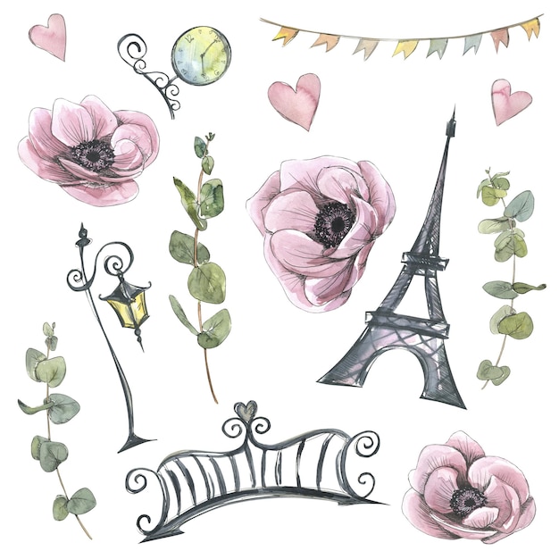 La torre eiffel con un ponte in ferro battuto un lampione e un orologio con rami di eucalipto e cuori di fiori di anemone rosa e una ghirlanda illustrazione ad acquerello set della collezione paris