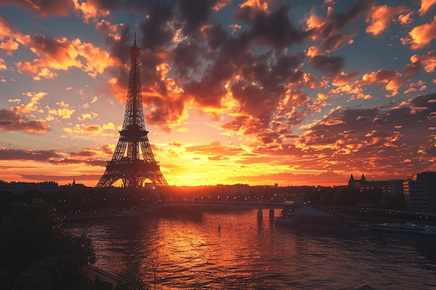 Eiffeltoren bij zonsondergang met een schilderachtige hemel octane
