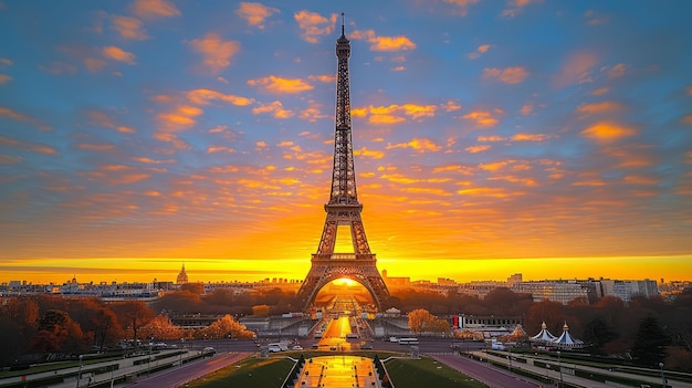 Eiffeltoren bij zonsondergang met oranje hemel en wolken in Parijs Frankrijk