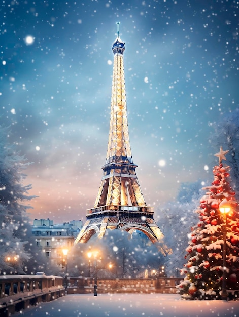 Foto eiffeltoren in parijs onder sneeuwval kerstprentbriefkaar