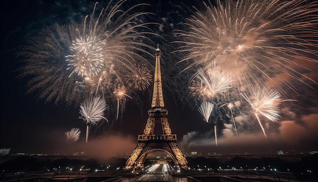 Eiffeltoren met vuurwerk in de lucht