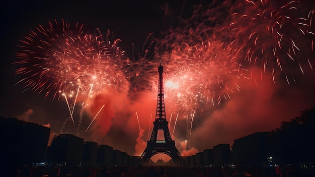 Eiffeltoren met vuurwerk op de achtergrond