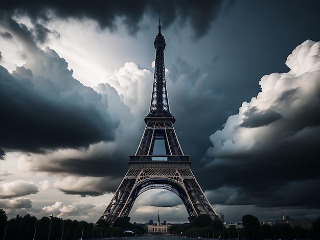 Eiffeltoren Parijs met wolken en bloemen Generatieve Ai