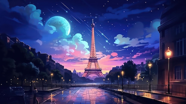 Eiffeltorenposter in de nacht met zicht op de donkere hemel