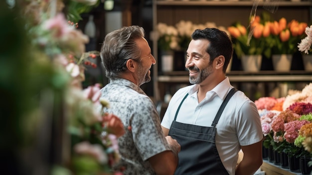 Eigenaar van een bloemenwinkel praat met een klant om hem te helpen bij het kiezen van een boeket bloemen