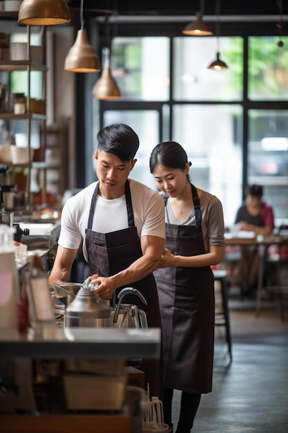 eigenaar van een café met een collega die in een koffiewinkel schoonmaakt