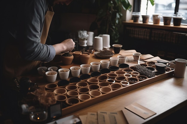 Eigenaar van een koffiezaak schikt diverse koffietoebehoren zoals kopjes en schotels op een houten ondergrond