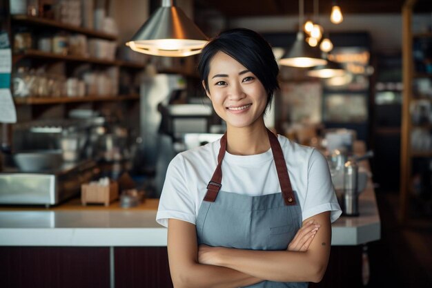 Eigenaren van kleine bedrijven lachende Aziatische meisjesbarista die aan de balie staat met een filterkoffiezetset