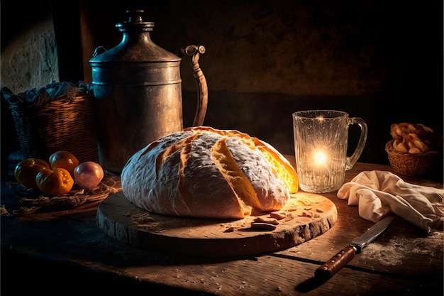 Eigengemaakt Rustiek Ambachtelijk Brood of Italiaans Ciabatta-brood zuurdesem rustiek gebakken brood in vlechtwerkmand