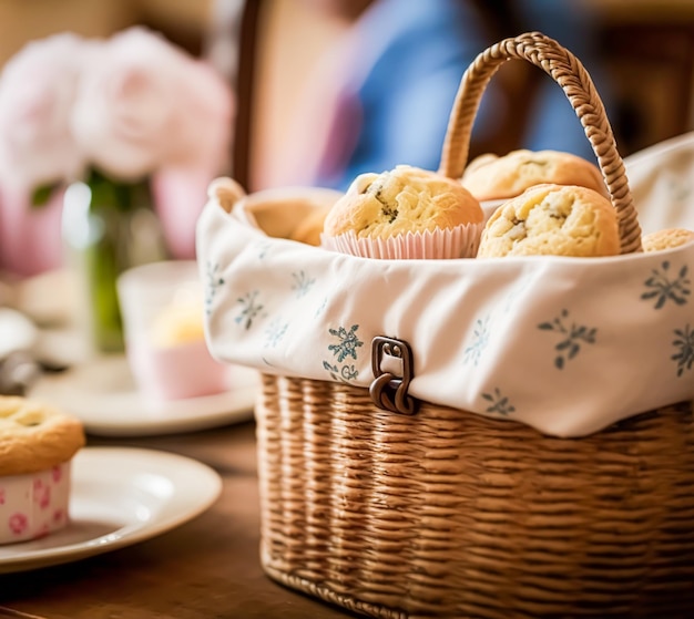 Eigengemaakte cakesmuffins in een uitstekende rieten mand Generatieve Ai