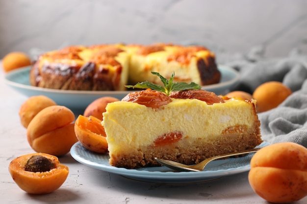 Eigengemaakte cheesecake met abrikozen op lichtgrijs, horizontaal formaat
