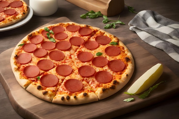 Eigengemaakte Pepperonispizza op generatieve kunst van de houten plaat door AI