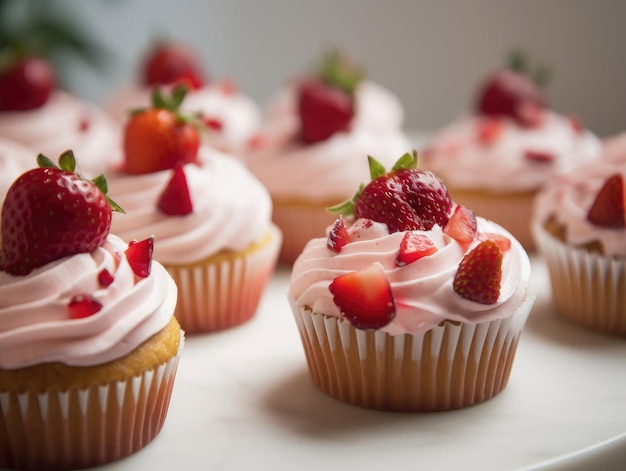 Eigengemaakte roze zoete cupcake met aardbeien Generatieve AI