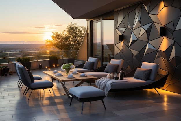 Eigentijds balkon met meubilair modern licht en geometrie generatieve IA