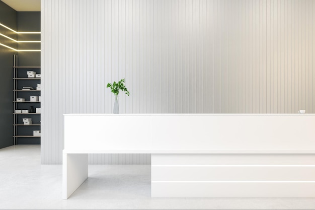 Eigentijds betonnen kantoorinterieur met witte receptiebalie en mock-up plaats op muur Lobby concept 3D Rendering
