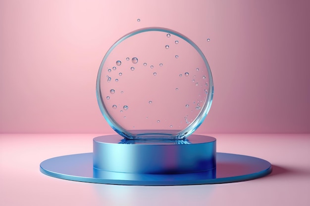 Eigentijds blauw en roze cirkelpodium met glas en water AI-generatie