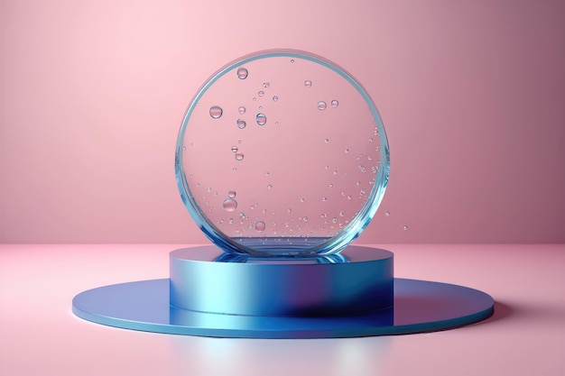 Eigentijds blauw en roze cirkelpodium met glas en water AI-generatie