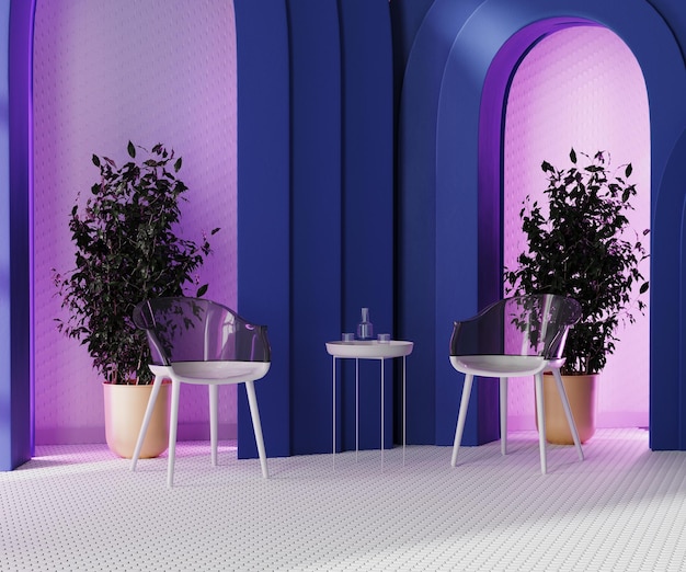 Eigentijds kamerontwerp met designstoelen en salontafel met blauwe bogen en roze inham neonlicht 3D-rendering