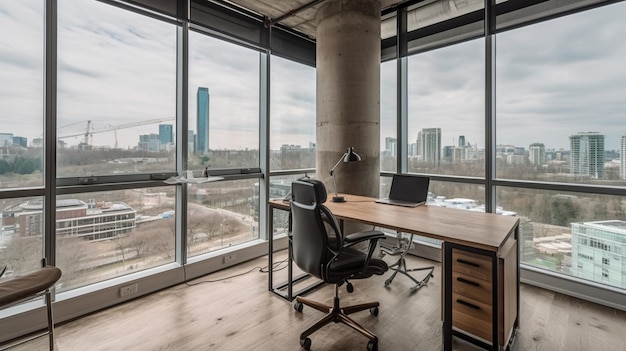 Eigentijds loftkantoor met vrij uitzicht op de skyline van de stad door grote raampartijen