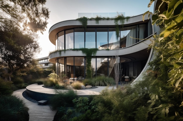 Eigentijds modern villa gebogen exterieurontwerp Groen eco-architectuurconcept Generatieve AI