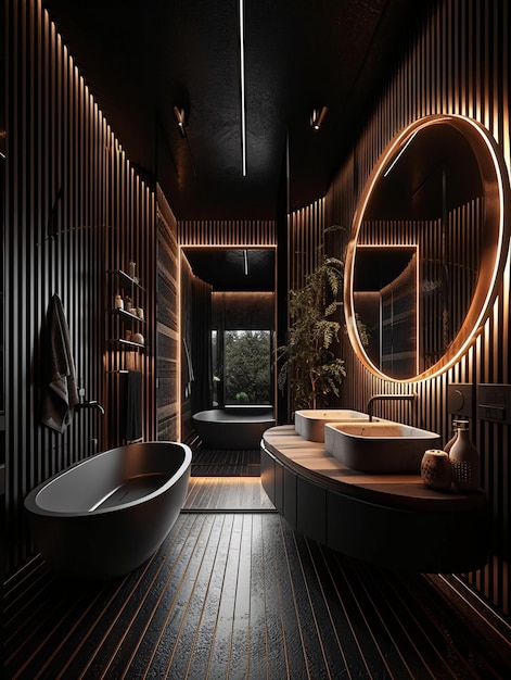 Eigentijdse badkamer met wastafel en grote spiegel in dramatische donkere verlichting AI gegenereerde AI generatieve AI generatieve
