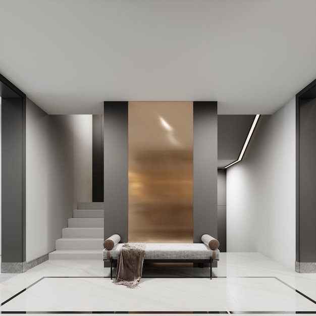 Eigentijdse ganggang met een design ligbed tegen een mat koperen muur met trappen naar de onderste en bovenste verdiepingen 3D-rendering