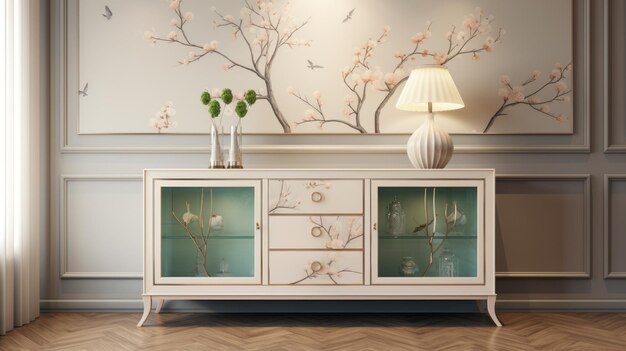 Foto eigentijdse glazen kast met chinoiserie-design en accenten in vogelthema