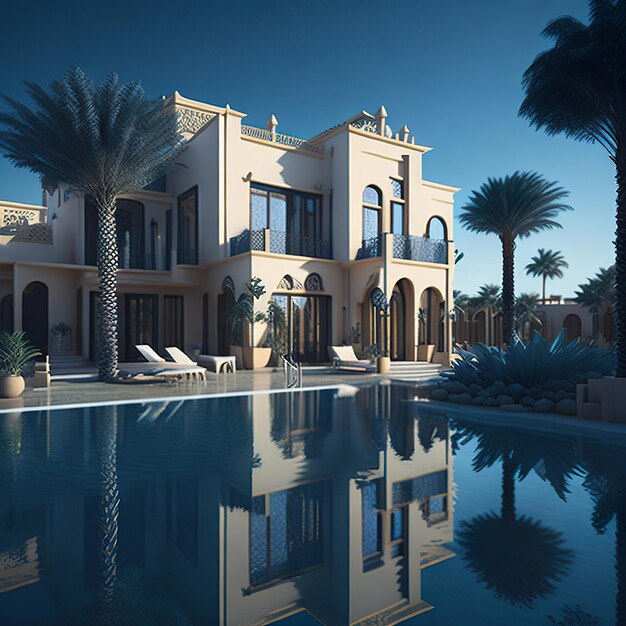 Eigentijdse huizen met zwembad bij daglicht en blauwe lucht