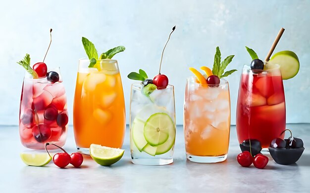 Eight alcoholic cocktails with orange slices ice watermelon slices cherries pear and cucumbers