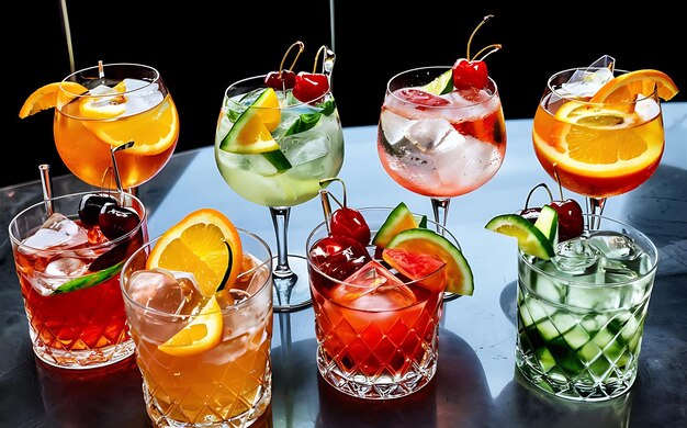 Восемь алкогольных коктейлей с порциями апельсина, льдом, арбузами, вишнями, грушами и огурцами.
