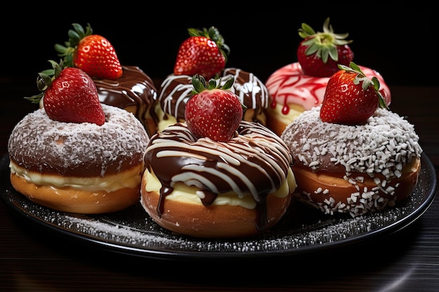 Otto ciambelle di bomboloni riempite di cioccolata e fragole .