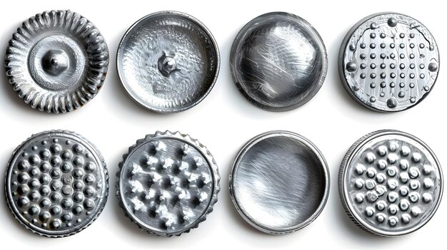 eight circular metal objects with various patterns and textures on white background
