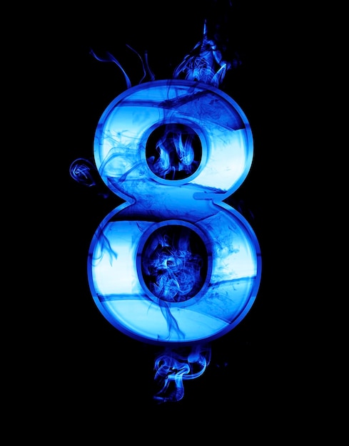 eight, illustration of  number with chrome effects and blue fire on black background