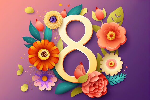 Шаблон восемь марта с глянцевой цифрой восемь из мультяшных красивых цветов с листьями и абстрактными цветами символ международного женского дня