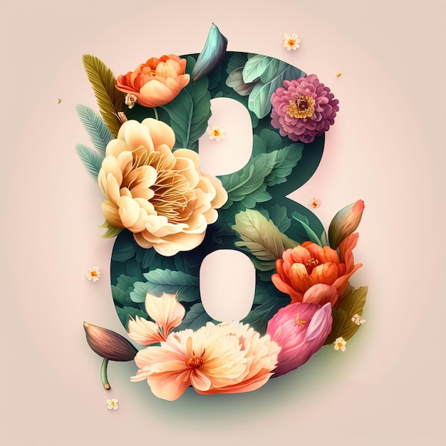 Eight of march template with glossy number eight made of realistic beautiful flowers with leaves and abstract florals