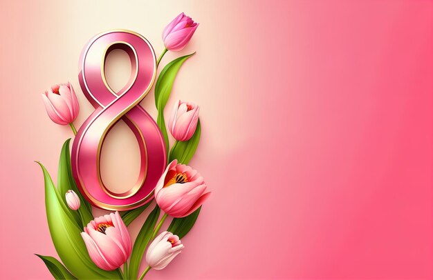 Photo eight of march template with glossy number eight with tulip flowers on pink background with empty space for text