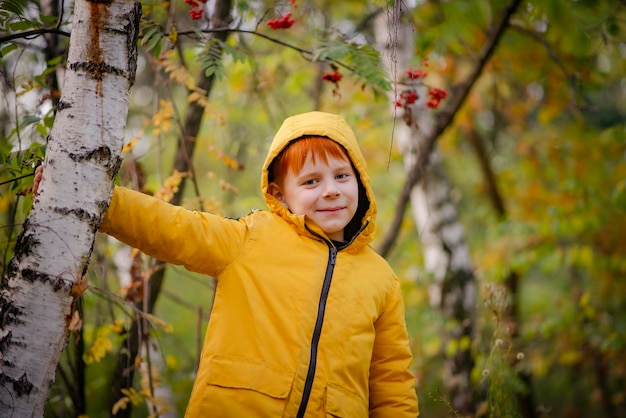 Eight year old redhaired boy in a yellow jacket in the autumn forest