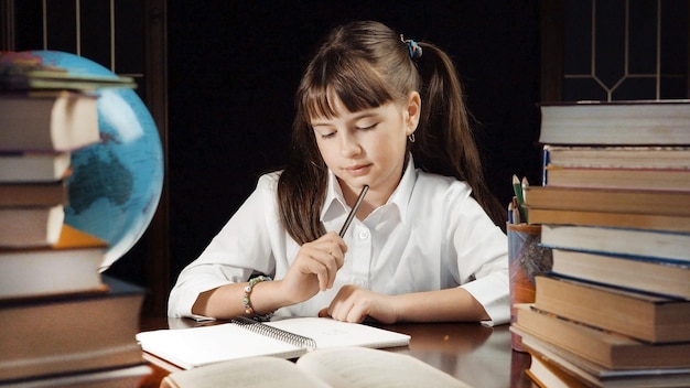 Восемь лет вдумчивая школьница изучает рабочее место за столом с книгами и концепцией образования земного шара