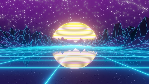 Eighties retro grid mountain cyberpunk scene background