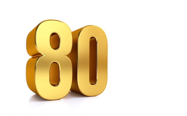 eighty, 3d illustration golden number 80 on white background and copy space on right hand side for text, Best for anniversary, birthday, new year celebration.