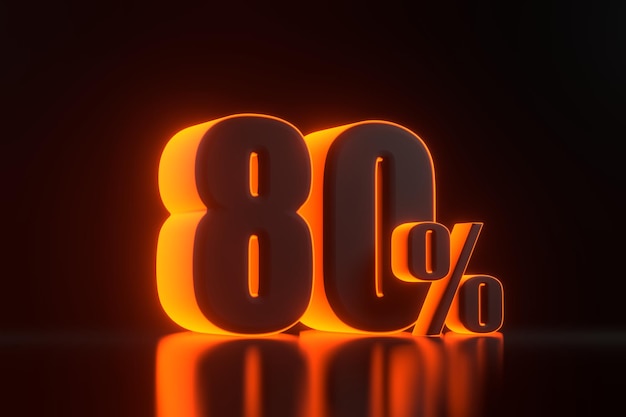 Eighty percent sign with bright glowing futuristic orange neon lights on black background 3D render