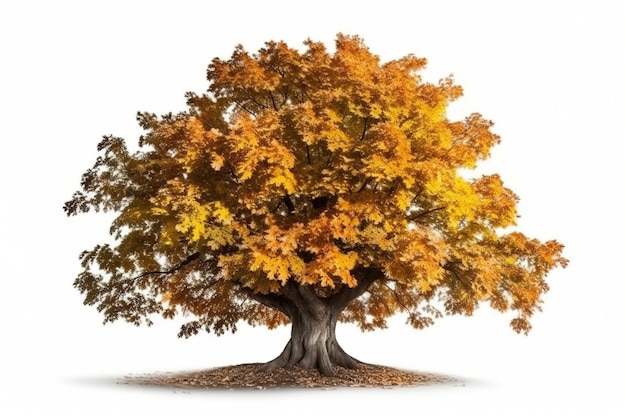Eik met gele en oranje bladeren in de herfst op witte geïsoleerde achtergrond AI-generatie