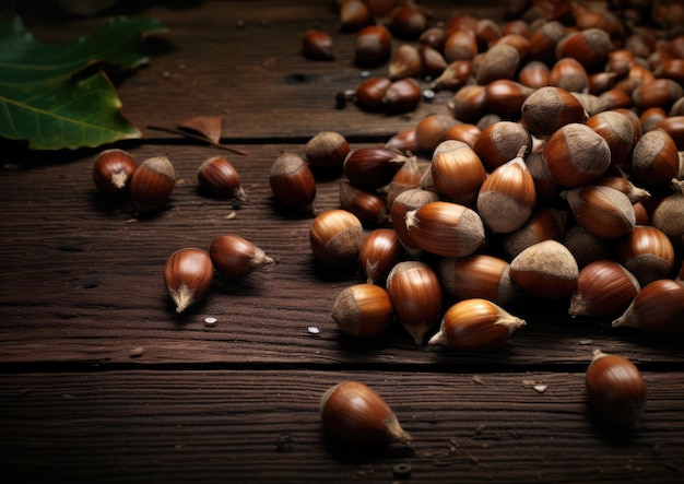 Eikels verspreid over een rustieke houten tafel