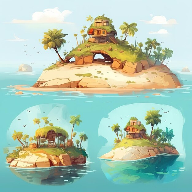 Foto eiland geschilderde illustraties clip art set