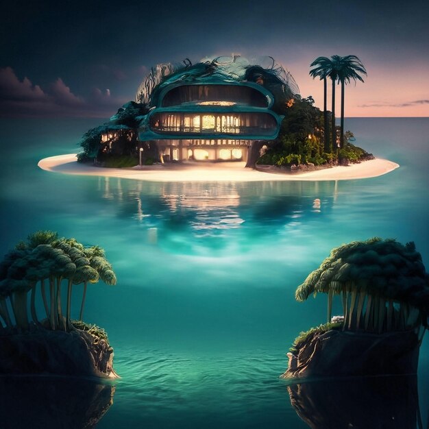 Foto eiland in het midden van de oceaan met een extreem luxe glas en pastel ommuurde villa