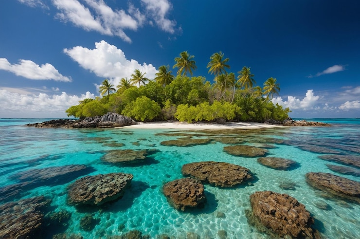 Foto eiland met een levendig koraalrif en palmbomen
