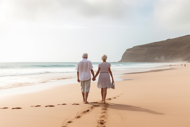 Foto eindeloze stappen samen bejaarde duo's strandwandeling