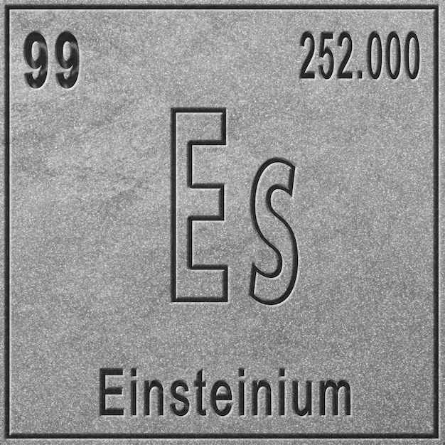 Einsteinium scheikundig element, teken met atoomnummer en atoomgewicht, periodiek systeemelement, zilveren achtergrond