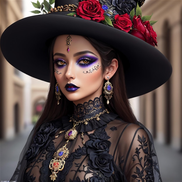 El Dia De Muertos Portrait of a woman with sugar skull makeup over blurred background